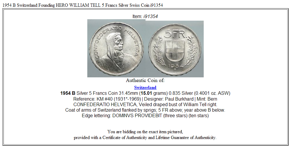 1954 B Switzerland Founding HERO WILLIAM TELL 5 Francs Silver Swiss Coin i91354