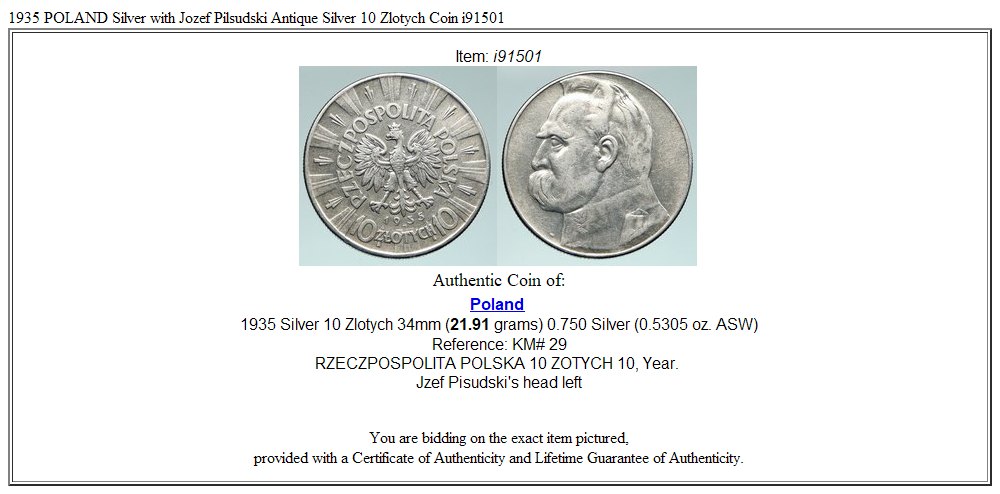 1935 POLAND Silver with Jozef Pilsudski Antique Silver 10 Zlotych Coin i91501