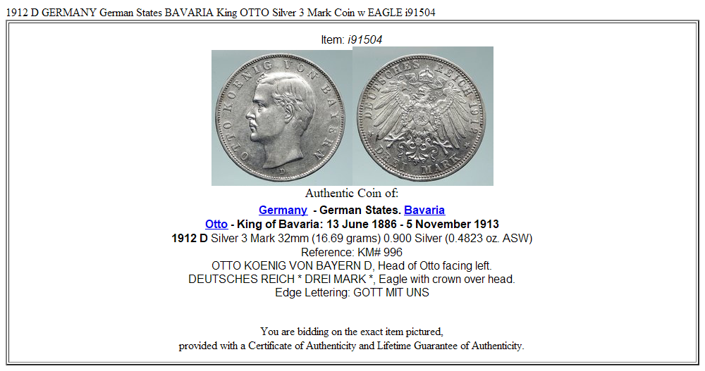 1912 D GERMANY German States BAVARIA King OTTO Silver 3 Mark Coin w EAGLE i91504