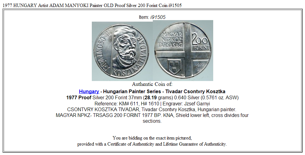 1977 HUNGARY Artist ADAM MANYOKI Painter OLD Proof Silver 200 Forint Coin i91505