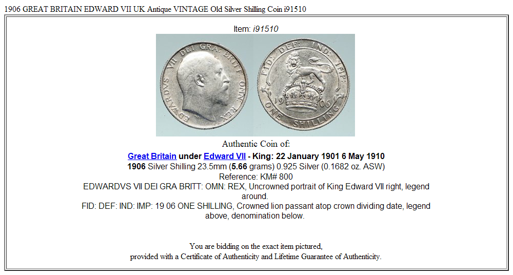 1906 GREAT BRITAIN EDWARD VII UK Antique VINTAGE Old Silver Shilling Coin i91510