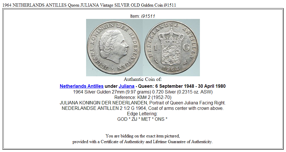 1964 NETHERLANDS ANTILLES Queen JULIANA Vintage SILVER OLD Gulden Coin i91511