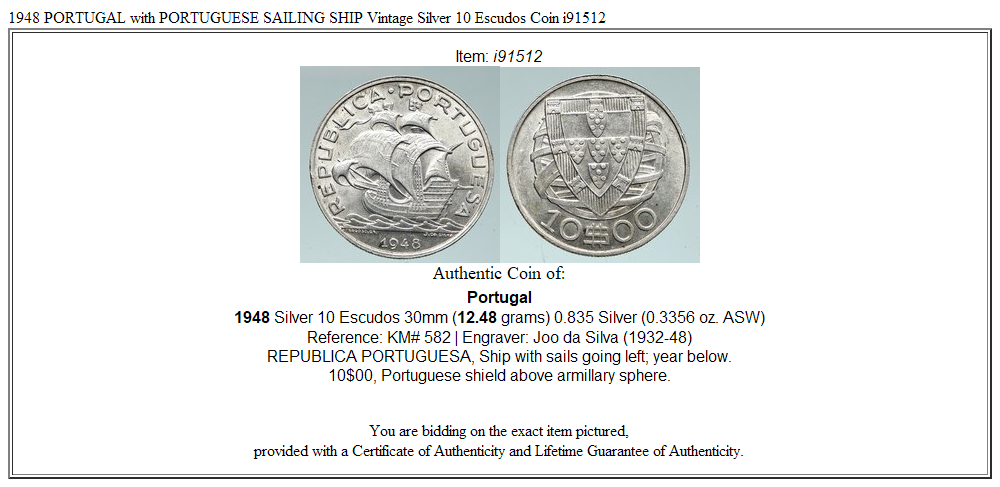 1948 PORTUGAL with PORTUGUESE SAILING SHIP Vintage Silver 10 Escudos Coin i91512