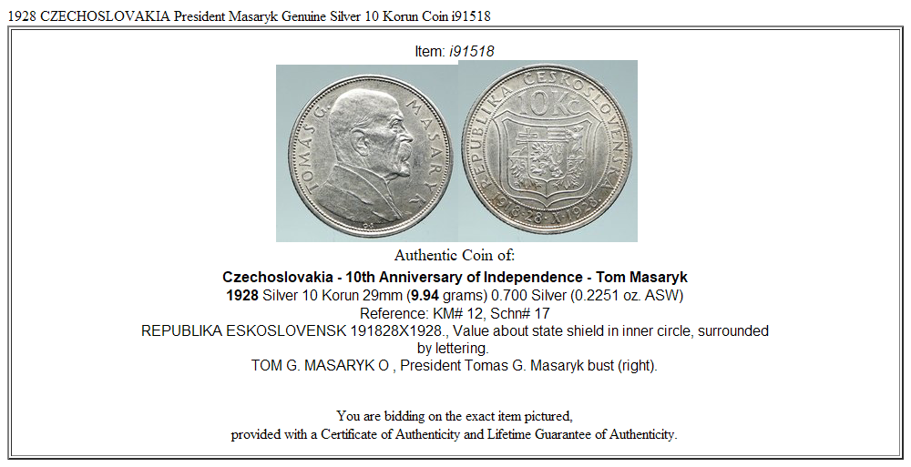 1928 CZECHOSLOVAKIA President Masaryk Genuine Silver 10 Korun Coin i91518