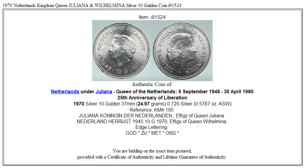 1970 Netherlands Kingdom Queen JULIANA & WILHELMINA Silver 10 Gulden Coin i91524