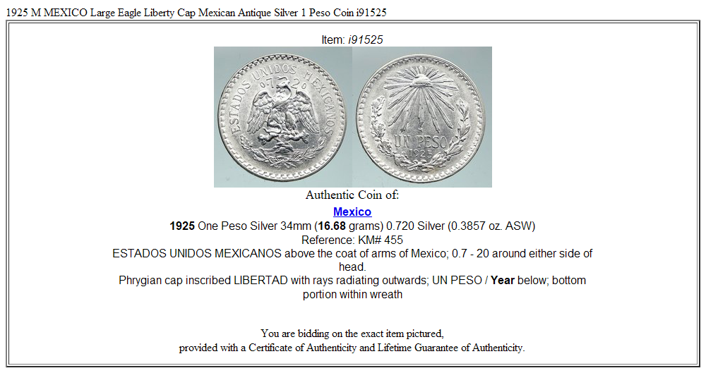 1925 M MEXICO Large Eagle Liberty Cap Mexican Antique Silver 1 Peso Coin i91525