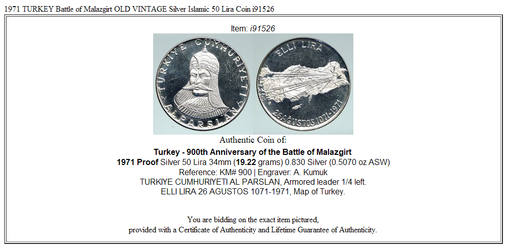 1971 TURKEY Battle of Malazgirt OLD VINTAGE Silver Islamic 50 Lira Coin i91526