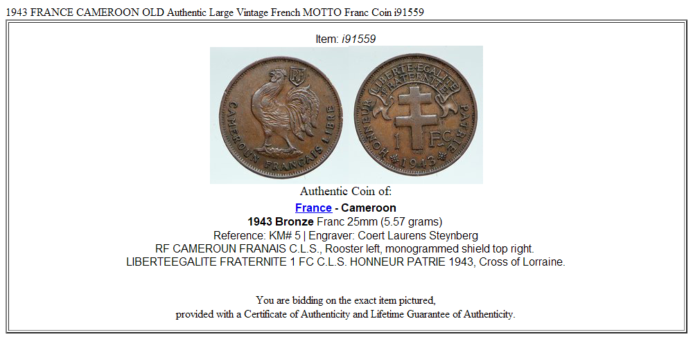 1943 FRANCE CAMEROON OLD Authentic Large Vintage French MOTTO Franc Coin i91559