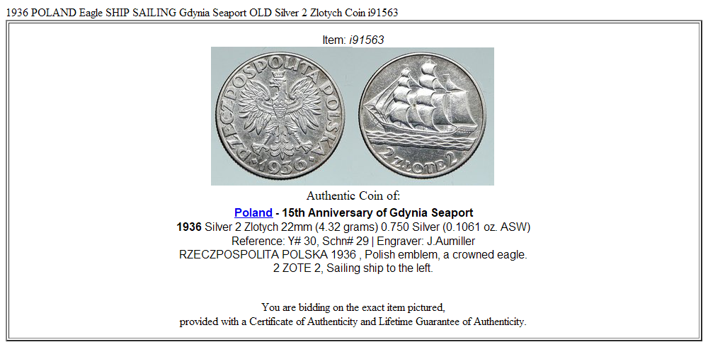 1936 POLAND Eagle SHIP SAILING Gdynia Seaport OLD Silver 2 Zlotych Coin i91563