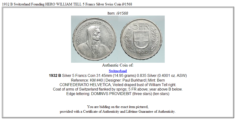 1932 B Switzerland Founding HERO WILLIAM TELL 5 Francs Silver Swiss Coin i91568