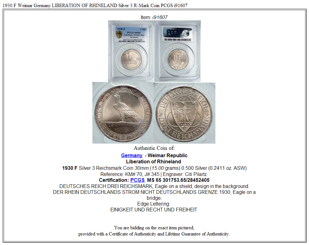 1930 F Weimar Germany LIBERATION OF RHINELAND Silver 3 R-Mark Coin PCGS i91607