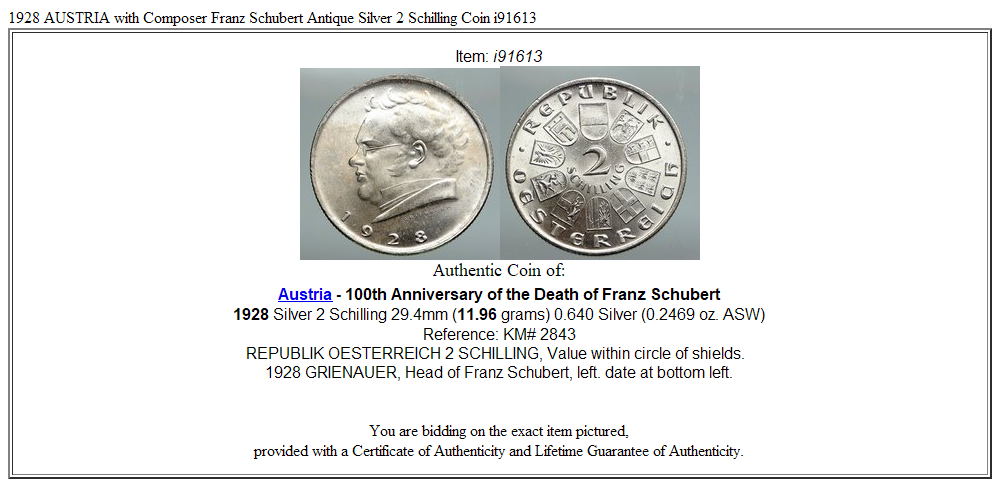 1928 AUSTRIA with Composer Franz Schubert Antique Silver 2 Schilling Coin i91613