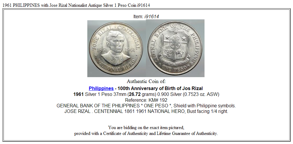 1961 PHILIPPINES with Jose Rizal Nationalist Antique Silver 1 Peso Coin i91614