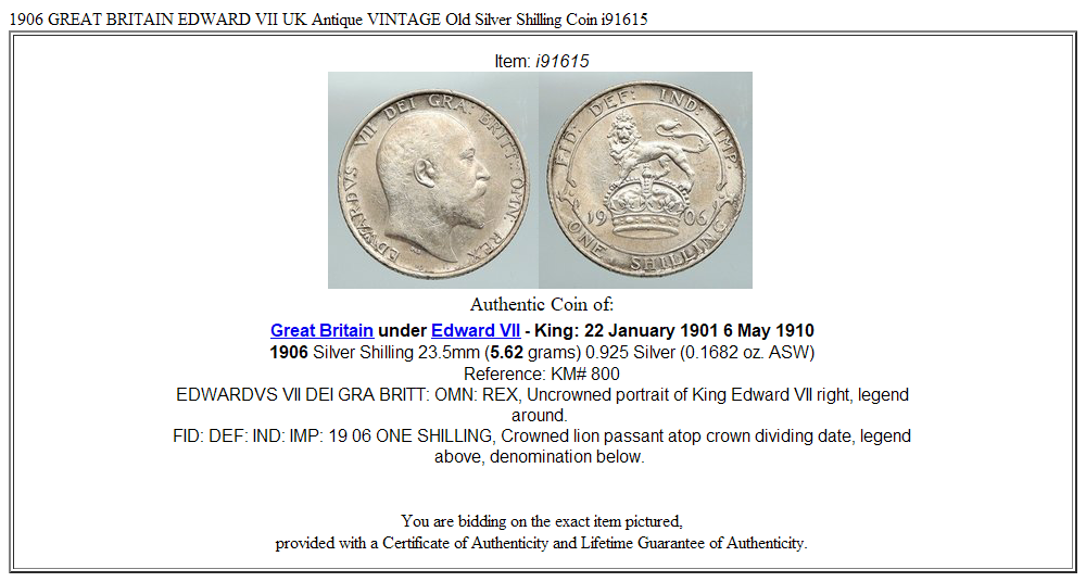 1906 GREAT BRITAIN EDWARD VII UK Antique VINTAGE Old Silver Shilling Coin i91615