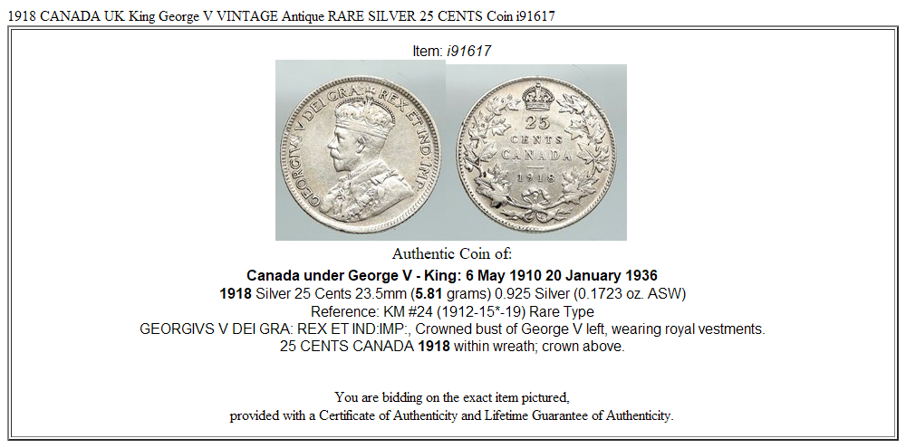 1918 CANADA UK King George V VINTAGE Antique RARE SILVER 25 CENTS Coin i91617