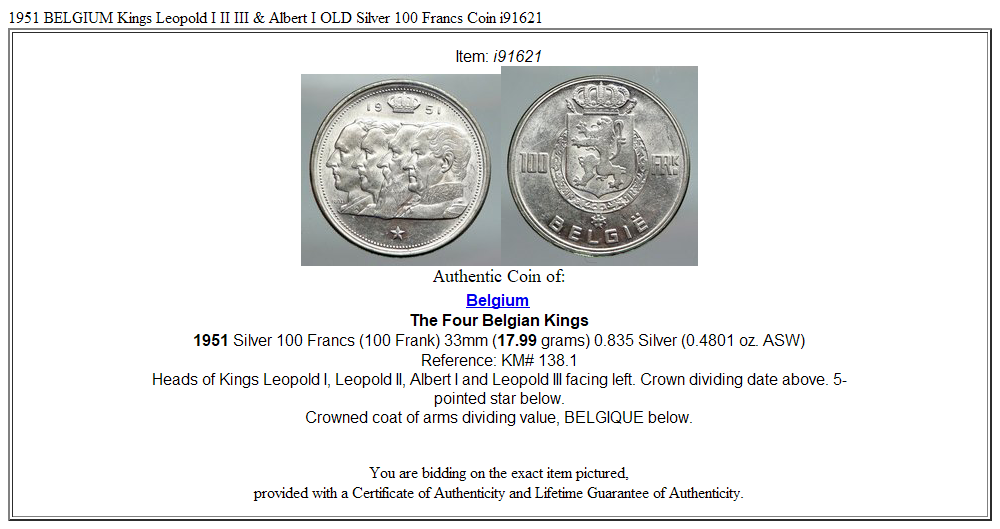 1951 BELGIUM Kings Leopold I II III & Albert I OLD Silver 100 Francs Coin i91621