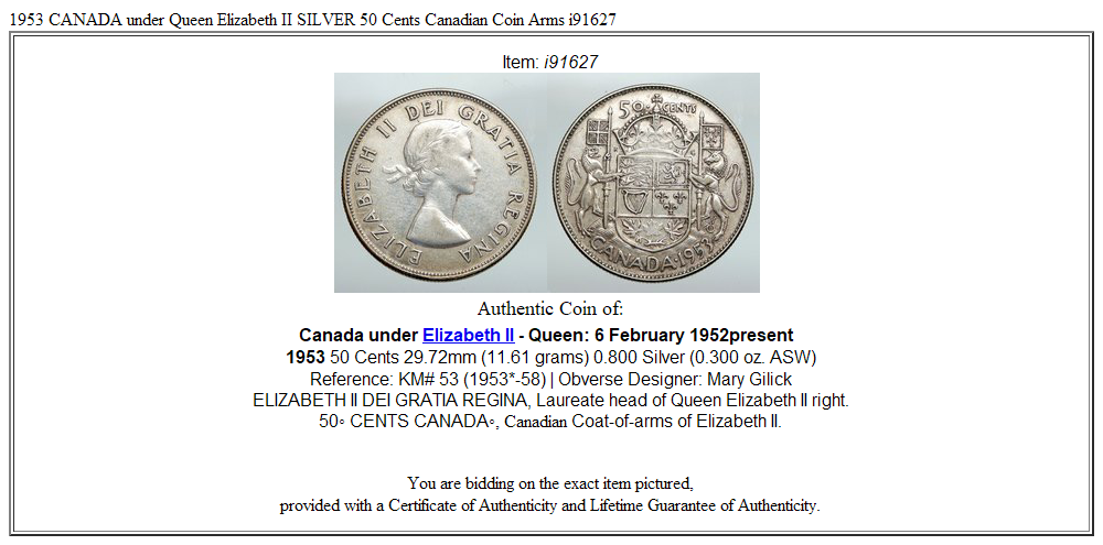 1953 CANADA under Queen Elizabeth II SILVER 50 Cents Canadian Coin Arms i91627