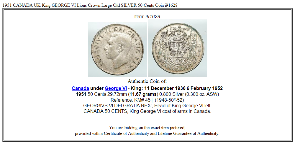 1951 CANADA UK King GEORGE VI Lions Crown Large Old SILVER 50 Cents Coin i91628