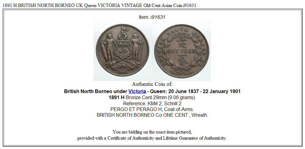 1891 H BRITISH NORTH BORNEO UK Queen VICTORIA VINTAGE Old Cent Asian Coin i91631