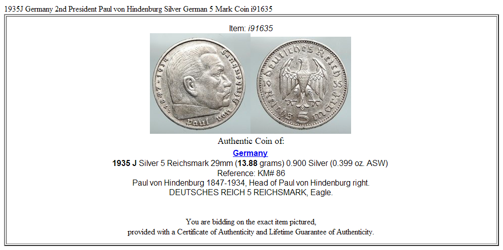 1935J Germany 2nd President Paul von Hindenburg Silver German 5 Mark Coin i91635