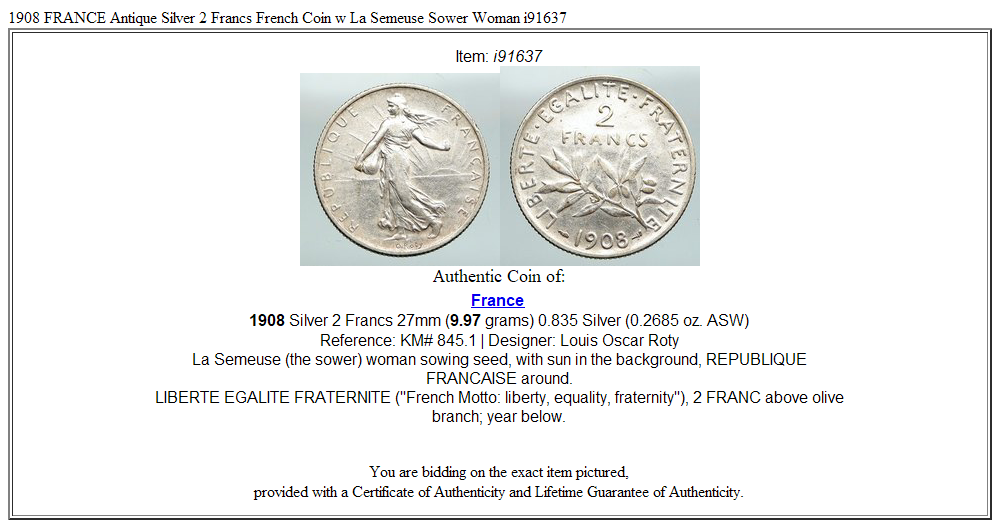 1908 FRANCE Antique Silver 2 Francs French Coin w La Semeuse Sower Woman i91637