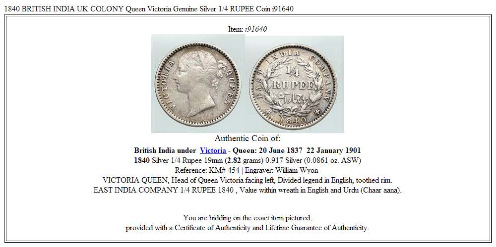 1840 BRITISH INDIA UK COLONY Queen Victoria Genuine Silver 1/4 RUPEE Coin i91640