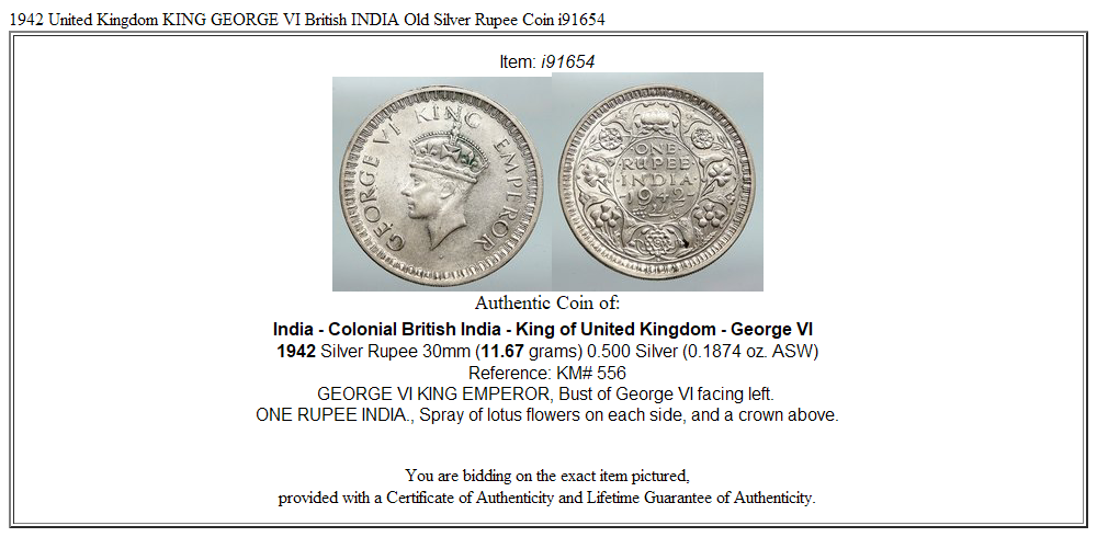 1942 United Kingdom KING GEORGE VI British INDIA Old Silver Rupee Coin i91654