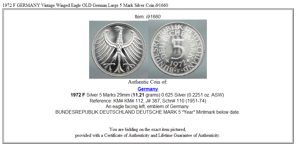 1972 F GERMANY Vintage Winged Eagle OLD German Large 5 Mark Silver Coin i91660