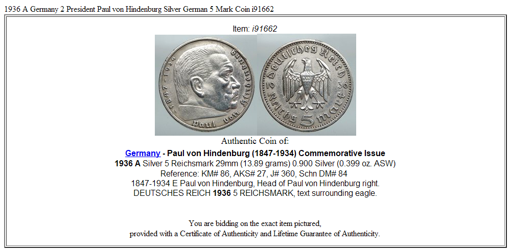 1936 A Germany 2 President Paul von Hindenburg Silver German 5 Mark Coin i91662