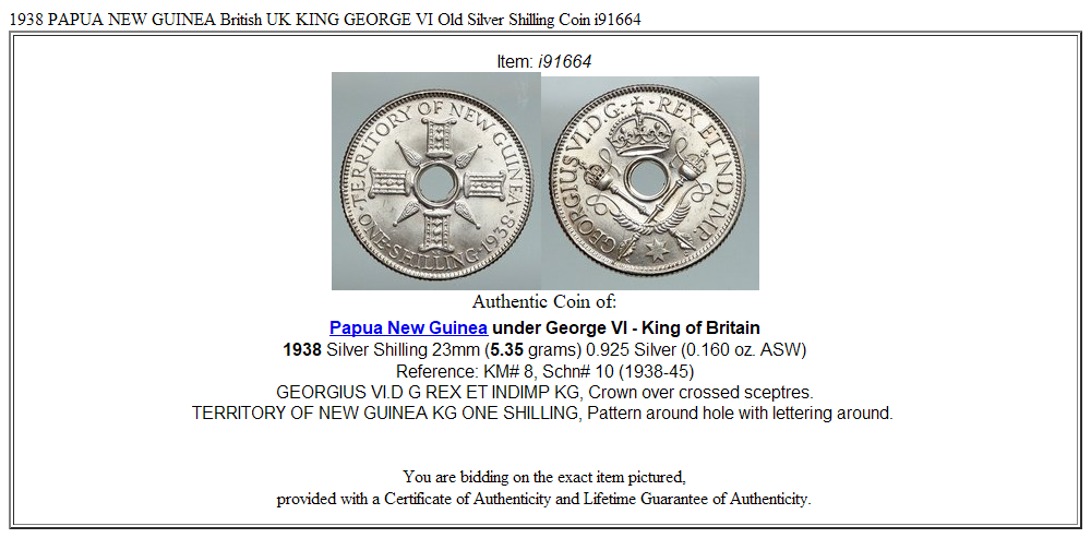 1938 PAPUA NEW GUINEA British UK KING GEORGE VI Old Silver Shilling Coin i91664