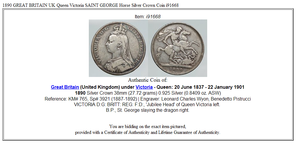 1890 GREAT BRITAIN UK Queen Victoria SAINT GEORGE Horse Silver Crown Coin i91668