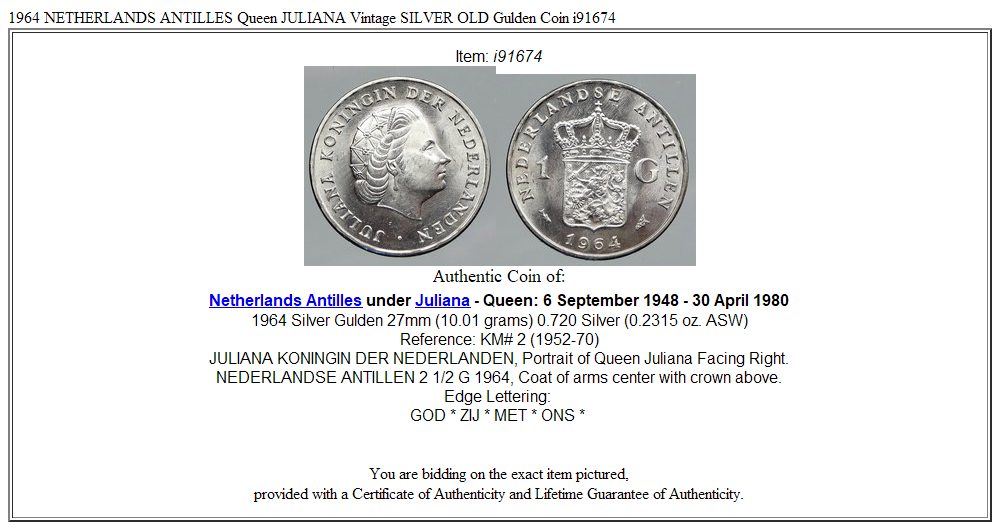 1964 NETHERLANDS ANTILLES Queen JULIANA Vintage SILVER OLD Gulden Coin i91674