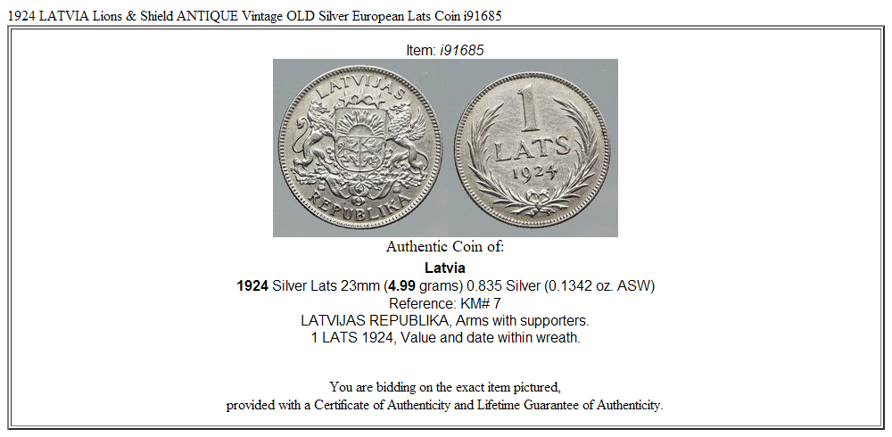 1924 LATVIA Lions & Shield ANTIQUE Vintage OLD Silver European Lats Coin i91685