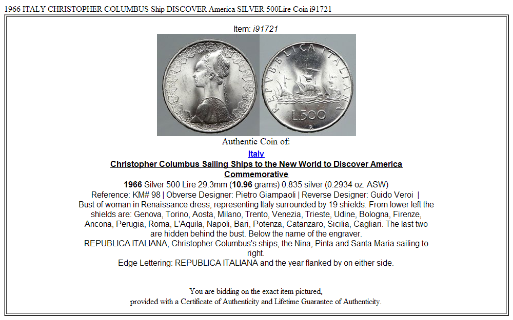 1966 ITALY CHRISTOPHER COLUMBUS Ship DISCOVER America SILVER 500Lire Coin i91721