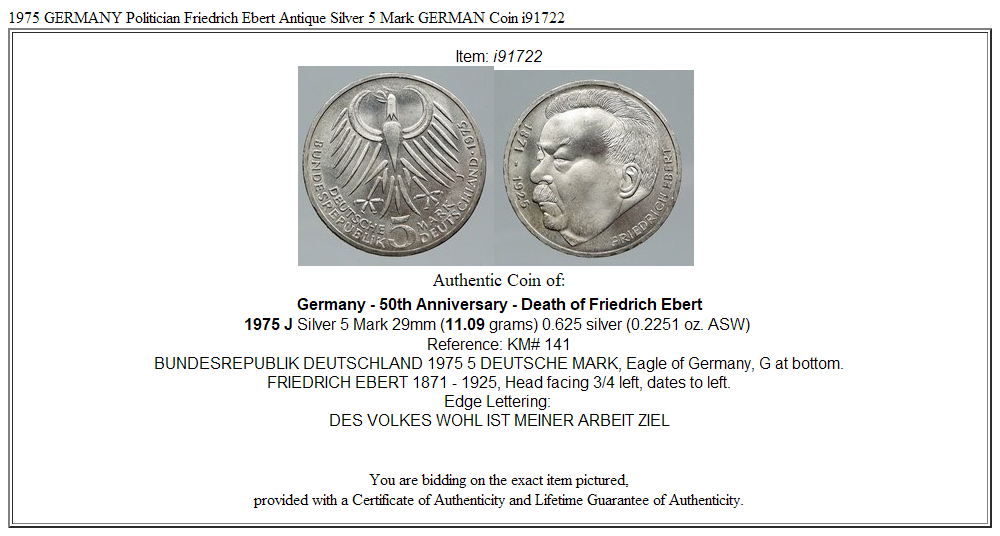 1975 GERMANY Politician Friedrich Ebert Antique Silver 5 Mark GERMAN Coin i91722