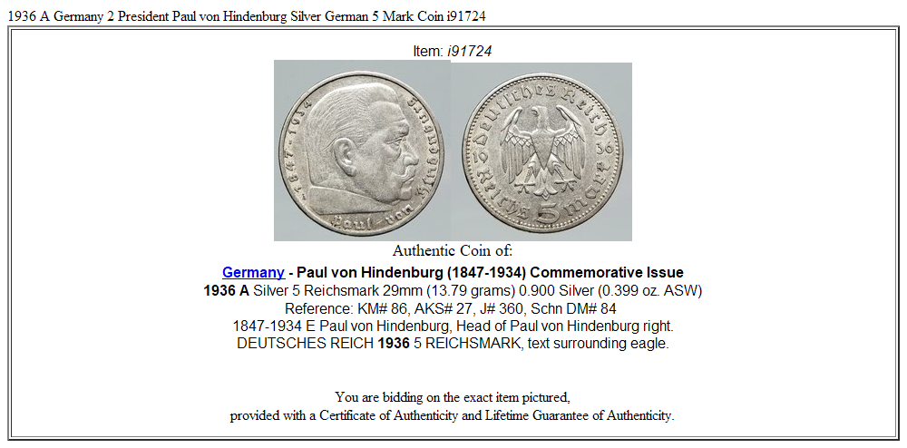 1936 A Germany 2 President Paul von Hindenburg Silver German 5 Mark Coin i91724