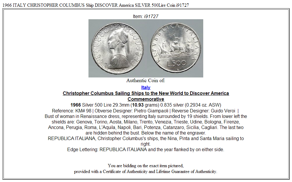 1966 ITALY CHRISTOPHER COLUMBUS Ship DISCOVER America SILVER 500Lire Coin i91727