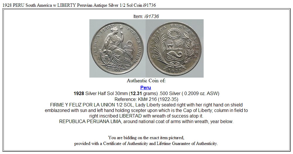 1928 PERU South America w LIBERTY Peruvian Antique Silver 1/2 Sol Coin i91736