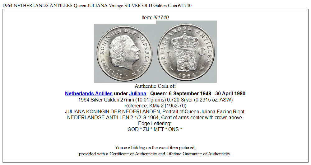 1964 NETHERLANDS ANTILLES Queen JULIANA Vintage SILVER OLD Gulden Coin i91740