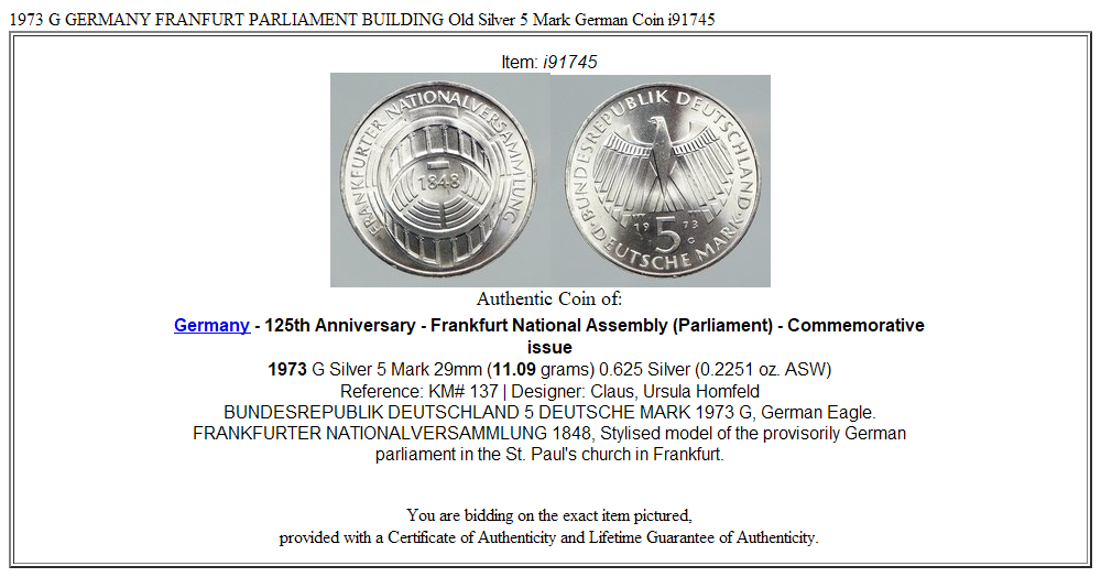 1973 G GERMANY FRANFURT PARLIAMENT BUILDING Old Silver 5 Mark German Coin i91745