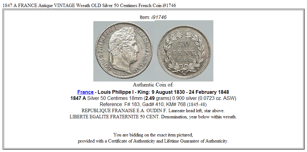 1847 A FRANCE Antique VINTAGE Wreath OLD Silver 50 Centimes French Coin i91746