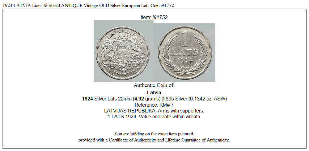 1924 LATVIA Lions & Shield ANTIQUE Vintage OLD Silver European Lats Coin i91752