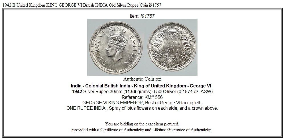 1942 B United Kingdom KING GEORGE VI British INDIA Old Silver Rupee Coin i91757