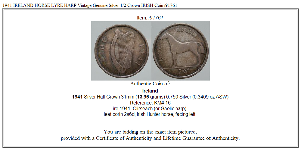 1941 IRELAND HORSE LYRE HARP Vintage Genuine Silver 1/2 Crown IRISH Coin i91761