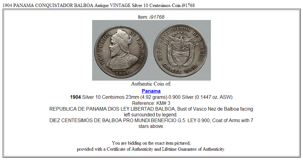 1904 PANAMA CONQUISTADOR BALBOA Antique VINTAGE Silver 10 Centesimos Coin i91768