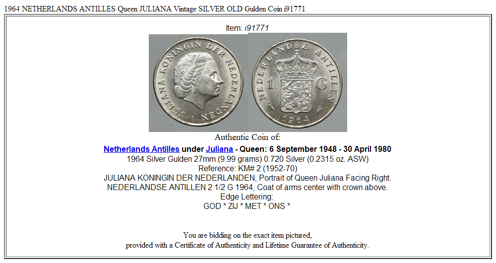 1964 NETHERLANDS ANTILLES Queen JULIANA Vintage SILVER OLD Gulden Coin i91771