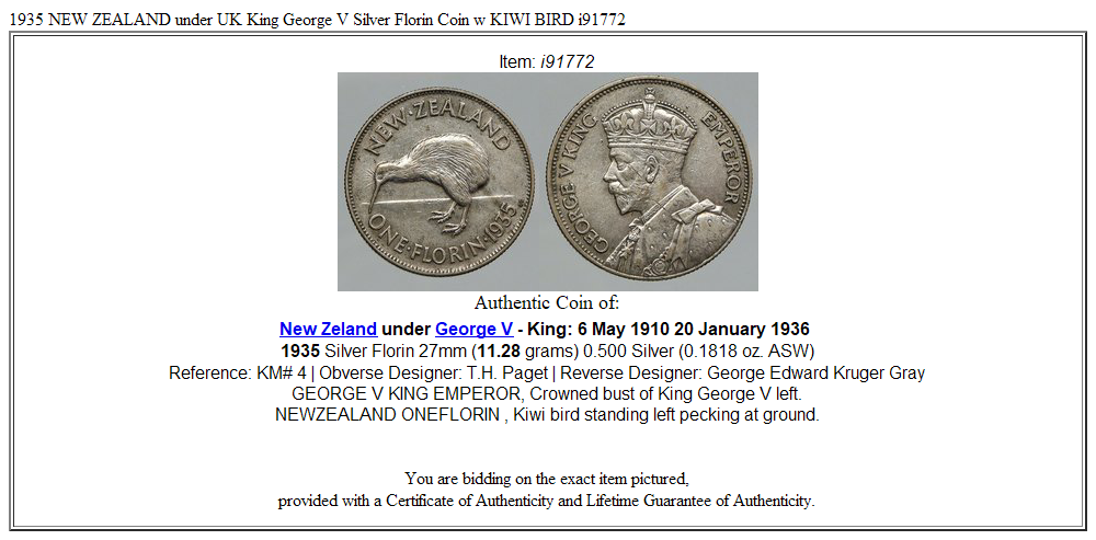 1935 NEW ZEALAND under UK King George V Silver Florin Coin w KIWI BIRD i91772