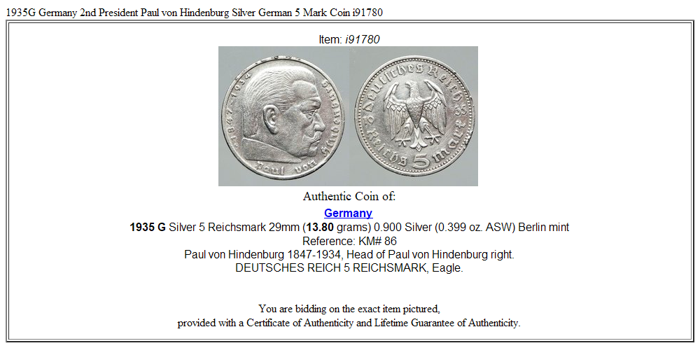 1935G Germany 2nd President Paul von Hindenburg Silver German 5 Mark Coin i91780