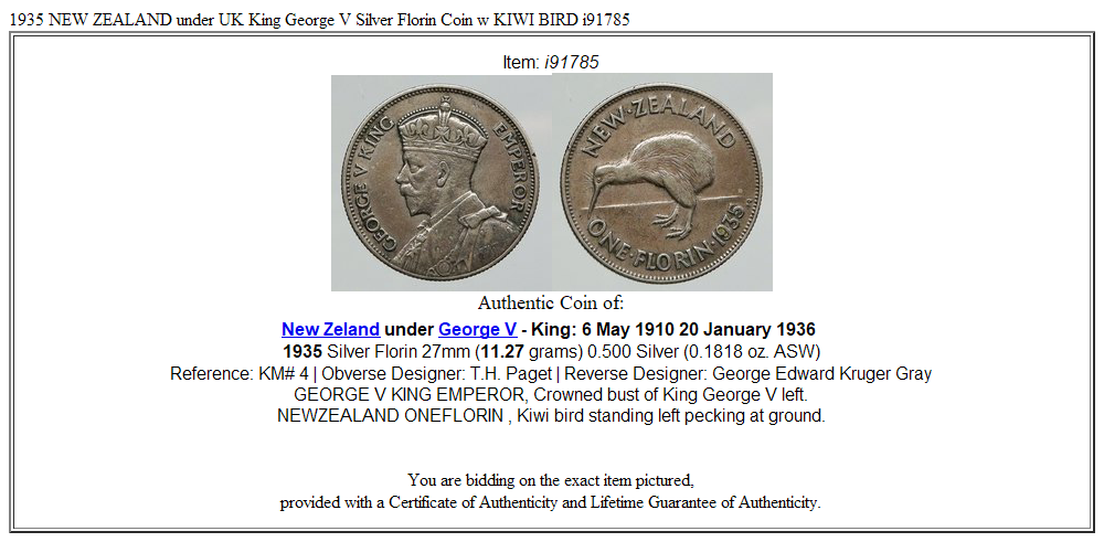 1935 NEW ZEALAND under UK King George V Silver Florin Coin w KIWI BIRD i91785