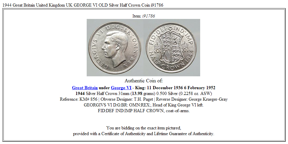 1944 Great Britain United Kingdom UK GEORGE VI OLD Silver Half Crown Coin i91786